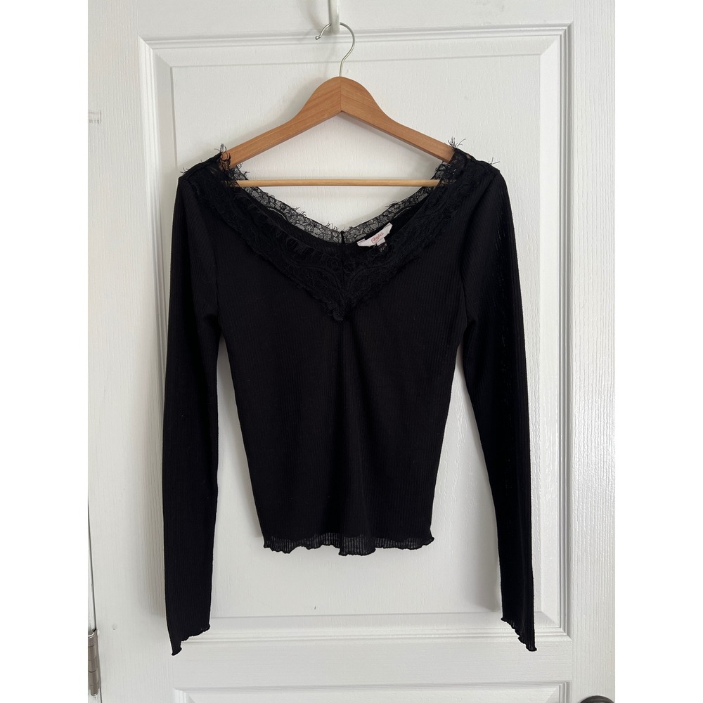 Candie's Ribbed Black Eyelash Lace V-Neck Long Sleeve Y2K Top Whimsigoth Small